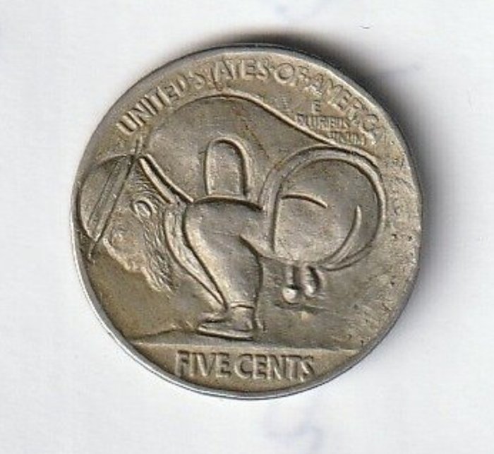 Förenta staterna. Hobo Nickels. Original one-side carved 5 cents 1919 - Rare variety