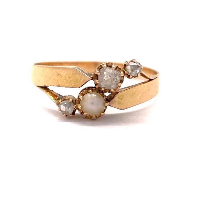 Zonder Minimumprijs - Antique - Fin du XIXe siècle - Perle Fine - 0.20 ct Diamants taille rose - Ring - Roségoud 