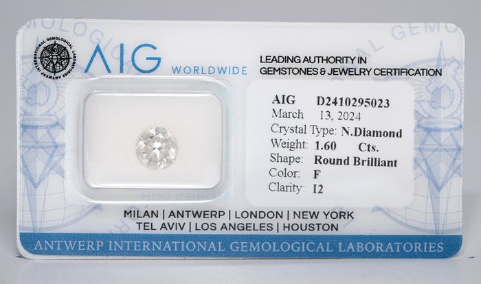 1 pcs 钻石 - 1.60 ct - 圆形, 理想切工，无保留 - F - I2 内含二级