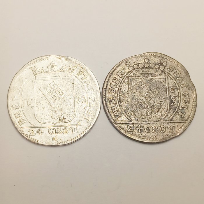 德国， 不来梅. 2 Silbermünzen, 2x 24 Grote 1666, 1672