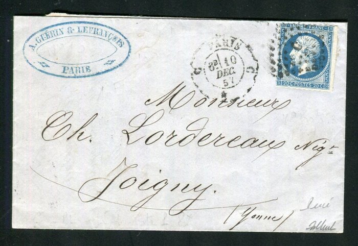 法国 1857 - 法国 1857 年 - 从巴黎寄给茹瓦尼的精美而罕见的信件，编号为 n° 14A Percé en Lignes - Stupenda e rara lettera da Parigi per Joigny con un n° 14A Percé en Lignes