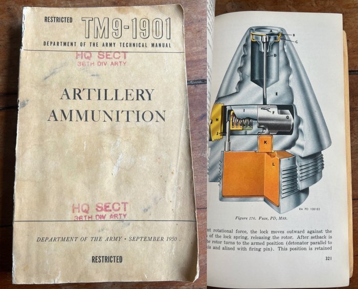 US Army Artillery Ammunition Manual - Beautiful color plates - 400 pages. - Artillery grenades - Rockets - Grenades - Mortars - Bombs - all WW2 models - 1950