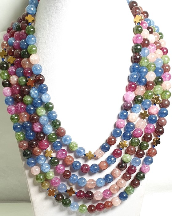 Semi-precious gems: Aquamarine, peridot, rose quartz, garnet, pink tourmaline, carnelian... silver - Necklace
