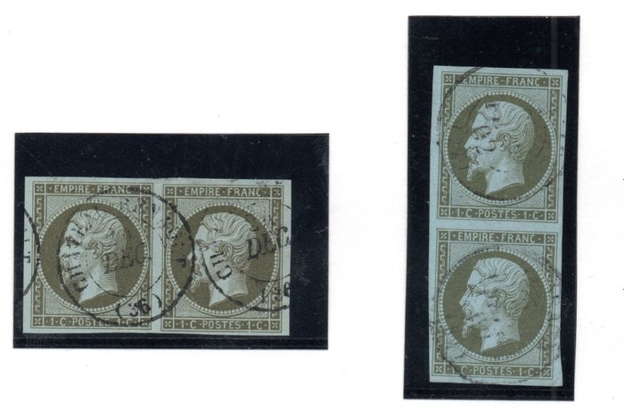 France  - 1 centime Empire horizontal and vertical pairs Different shades VF Signed - YT 11