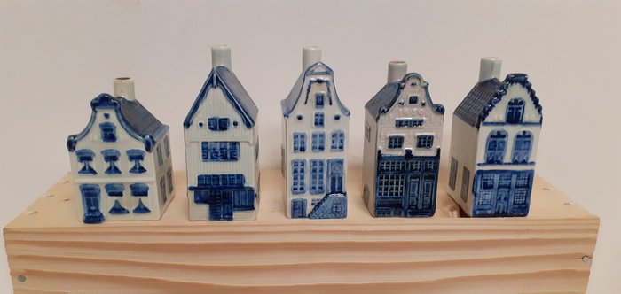 微型雕像 - 陶器, 五座 KLM Bols 房屋，陶器，代爾夫特藍