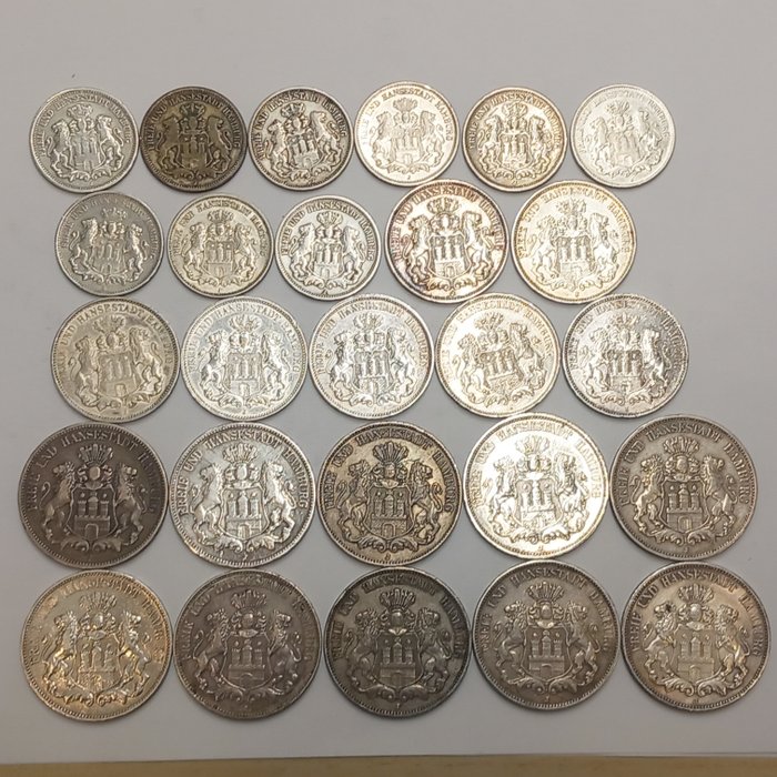 Duitsland, Hamburg. Sammlung  26 Silbermünzen Kaiserreich: 9 x 2 Mark, 7 x 3 Mark, 10 x 5 Mark (alles verschiedene) 1875 -1914