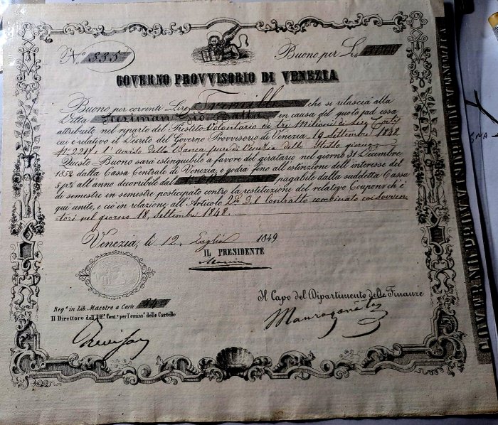 Olaszország. - 3.000 Lire 1848 Prestito Volontario Governo Provvisorio di Venezia - Gigante GPV 1F4
