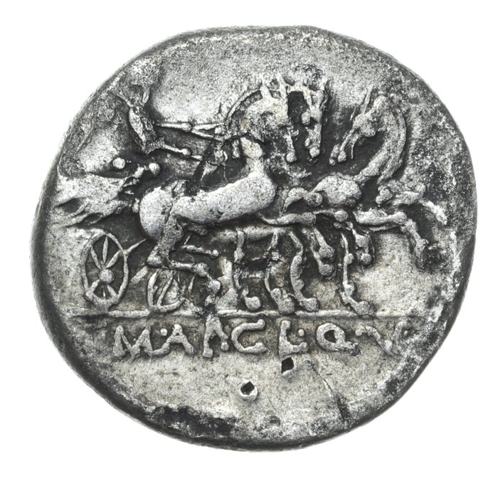 Rooman tasavalta. Appius Claudius Pulcher, Titus Mallius (tai Maloleius) ja Q. Urbinius, 111/110 eaa.. Denarius (Victory in triga). Rome mint 111-110 BC. / Crawford 299/1b