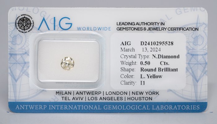 1 pcs Gyémánt - 0.50 ct - Kerek, Nincs tartalék - világos sárga - I1