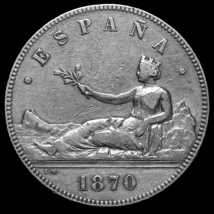 Spanien. Provisional Government (1868-1871). 5 Pesetas 1870 (*18-70) SNM  (Ohne Mindestpreis)