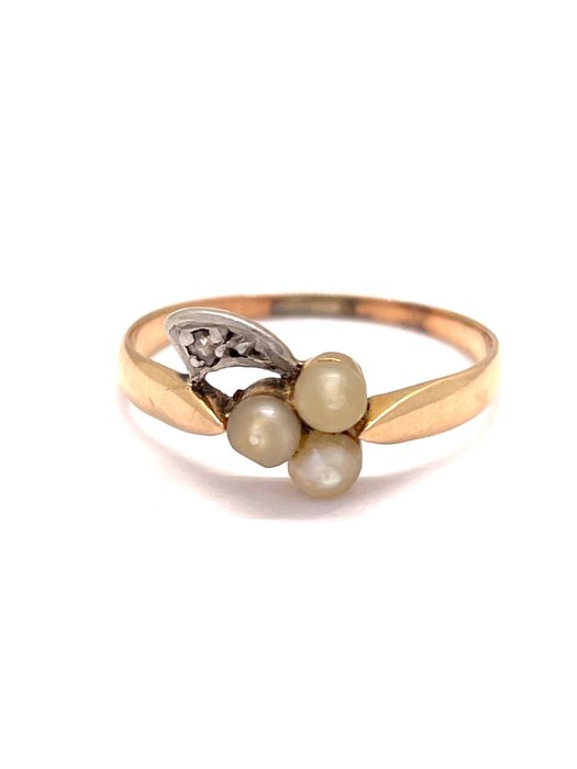 Zonder Minimumprijs - Antique - Vers 1900 - Perles Fines - Diamant taille rose Ring - Geel goud, Platina 