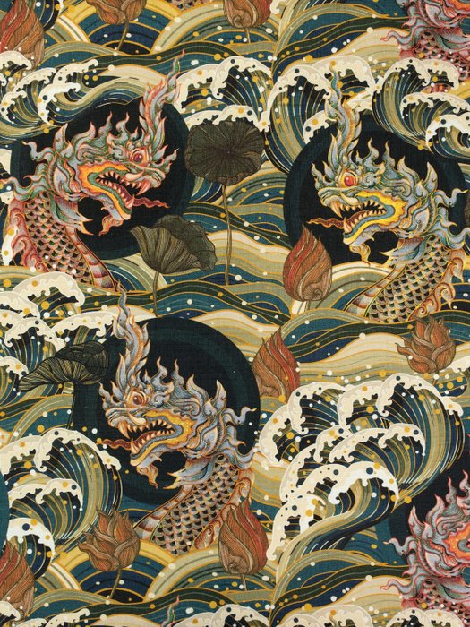 THE AWAKENING OF THE NAGA - 泰國裝飾藝術風格混合亞麻 - 420 x 140 cm - 義大利製造 - 室內裝潢織物