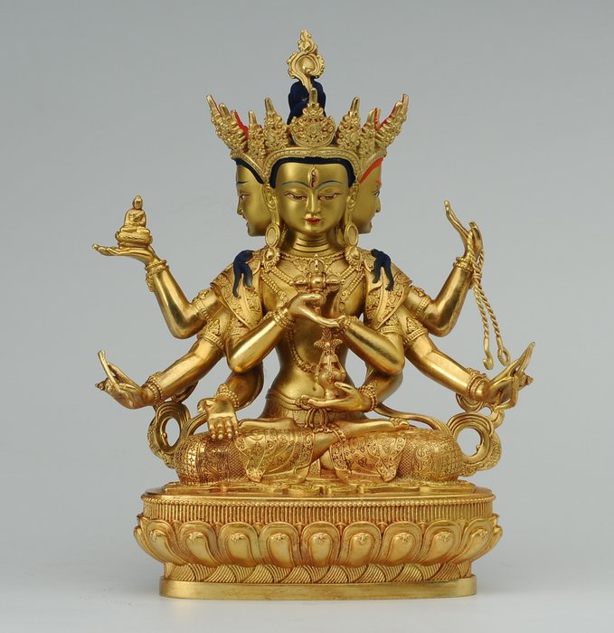 Objetos budistas - estátua de Buda feita à mão, estátuas requintadas de Buda Langama, Buda de três cabeças e oito - Bronze - século 21