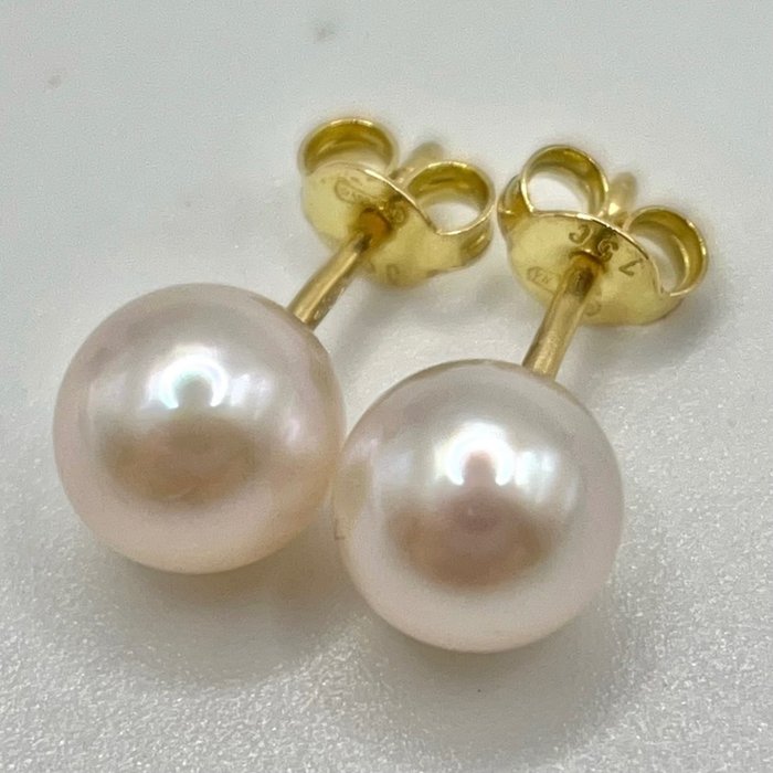 Sans Prix de Réserve - 7.1mm Akoya Pearl - Boucles d'oreilles - 18 carats Or jaune Perle 