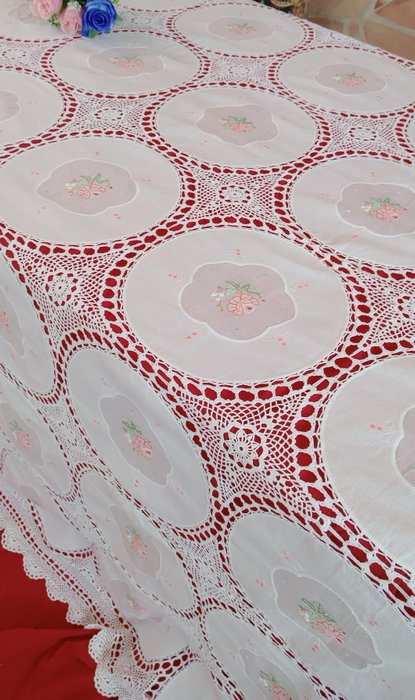 杰作欧根纱床罩，完全手工制作，带有马德拉刺绣 - 床罩 - 290 cm - 280 cm