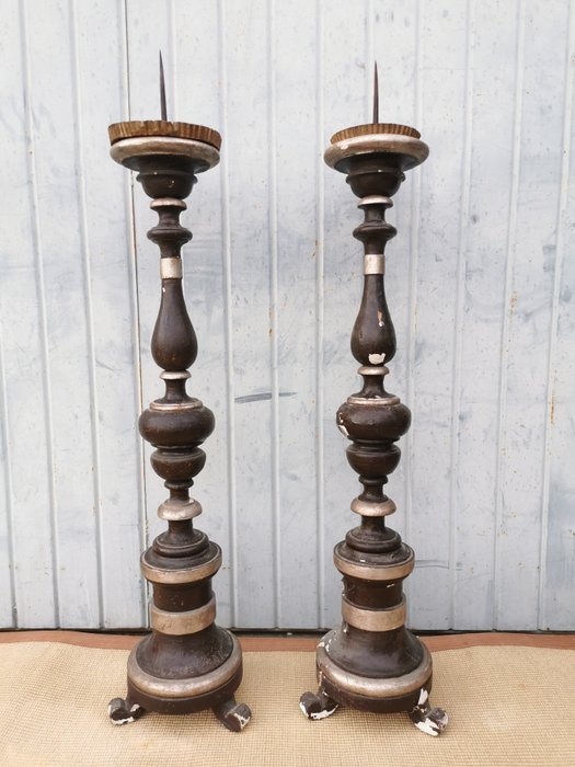 燭台 一對祭壇燭台 - (2) - 木材和石膏