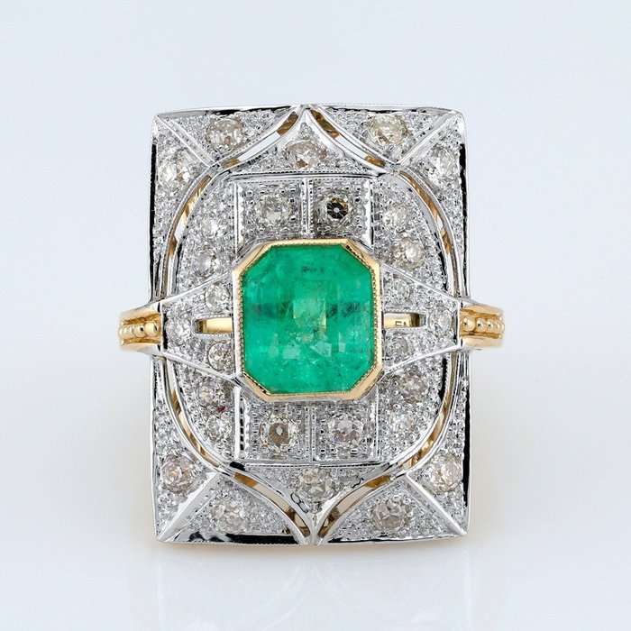 [IGI Certified] - (Emerald) 2.41 Cts - (Diamond) 1.03 Cts (28) Pcs - 14 carats Bicolore - Bague