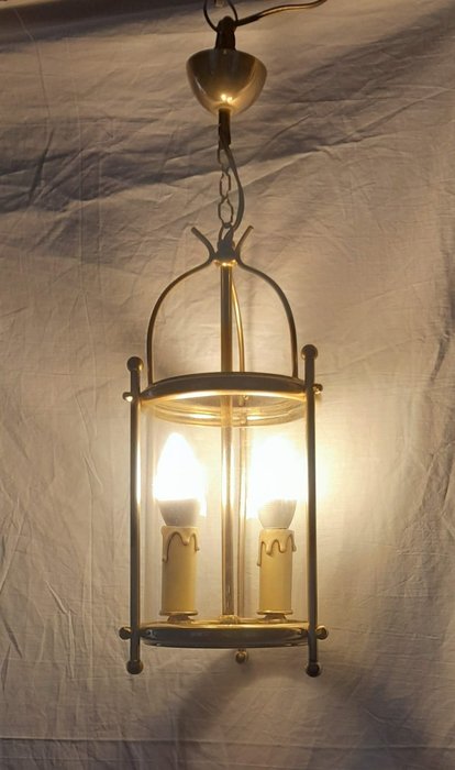 Hängande lampa - Glas, Mässing, lampa med mässingsstruktur och cylindriskt glas från 50-talet