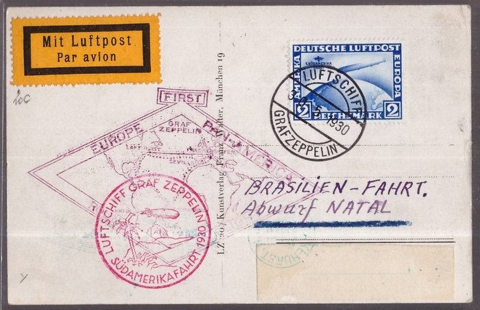 Duitse Rijk 1930 - 2 punten blauwe Zeppelin 1 SUDAMERIKA FAHRT op gevlogen ansichtkaart naar Brazilië - Yvert N. 38