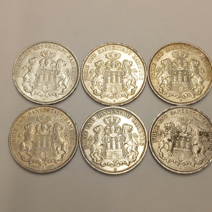 Saksa - Hamburg. 6 x 3 Mark 1908, 1809, 1910, 1912, 1914(2)