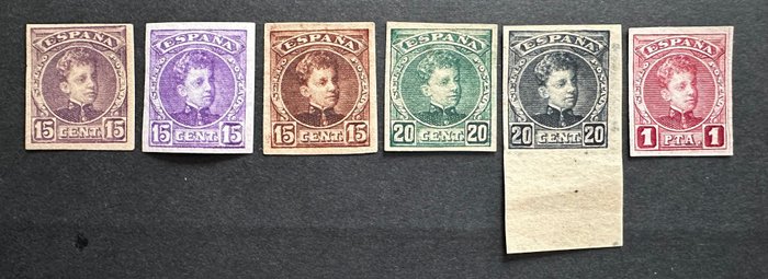 西班牙 1901 - 来自学员系列的罕见无凹痕邮票 + 校样。 - Edifil 242s, 246s, 247s, 253s, 2 pruebas 15 cts marrón rojizo, 20 cts verde.