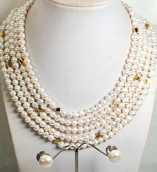 珍珠 - 高品质天然珍珠带希腊十字架 - 镀金 925 银 - 项链