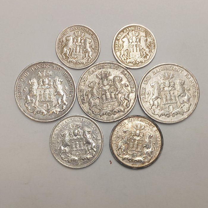 Tyskland, Hamborg. 7 Silbermünzen,  2 x 2 Mark, 2 x 3 Mark, 3 x 5 Mark 1876-1913