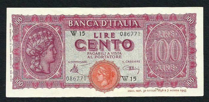 Italie. - 100 Lire 1944 - replacement - Pick 75a