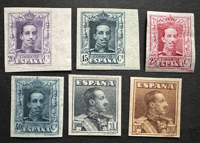Spain 1922 - Vaquer without serrations, new without seal fixer - Edifil 315sa, 316s, 317Asa, 319s, 321sa, 323s.
