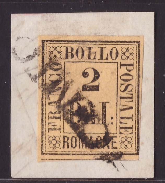 Antichi Stati italiani - Romagna 1859 - 2 baj giallo arancio su frammento - Sassone N. 3