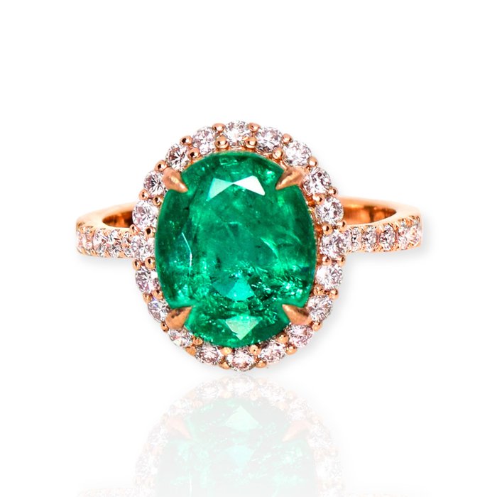 沒有保留價 訂婚戒指 - 玫瑰金  3.24ct. 橢圓形 祖母綠 - 鉆石 