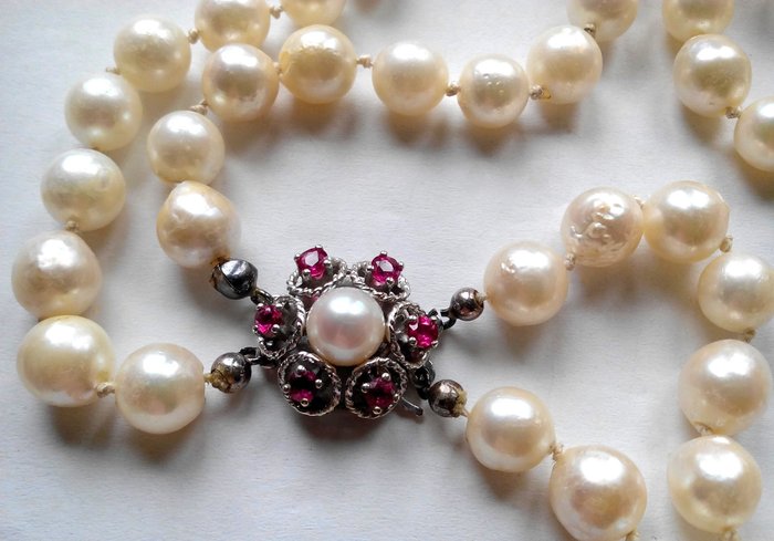 Ohne Mindestpreis - Juwelier Wallner Halskette - 8 kt Weißgold - Akoyaperlen bis 8 mm - 2- reihig - Pink Turmaline 