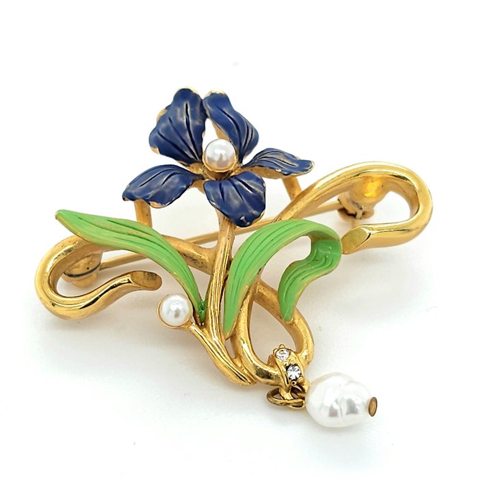 Joan Rivers Art Nouveau Style Enamel & Pearl Flower Drop Dress Brooch - Gold-plated - Brooch