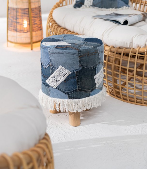 Jeans Patchwork Poof - Puff - Bomull, Linne, Trä