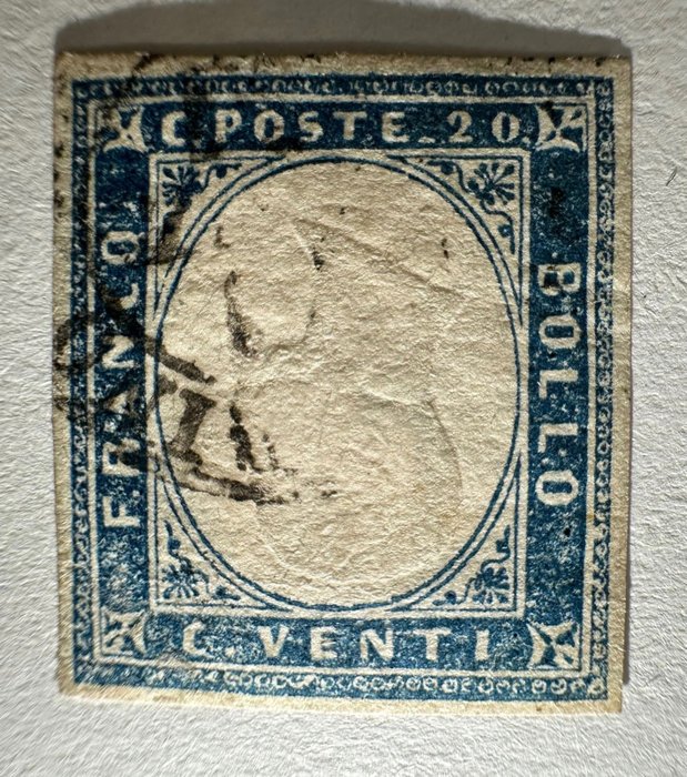 意大利古國－薩丁尼亞 1861 - 撒丁島 IV 發行 20 美分群青藍，帶有倒置肖像 - Sassone 15Dc, varieta'