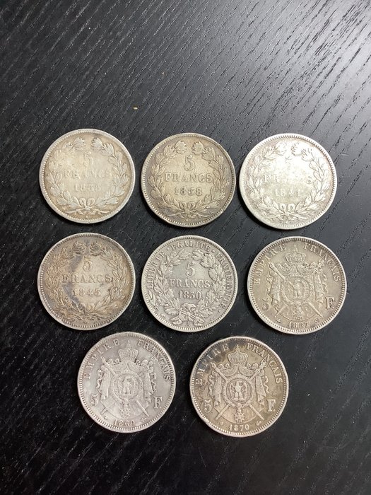 France. 5 Francs 1833/1870 (8 zilveren munten)