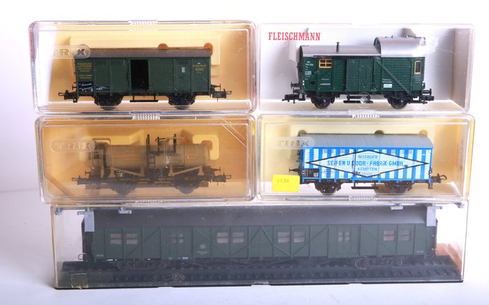 Fleischmann, Roco, Trix International H0 - Model train freight carriage (5) - Yard wagon, horse wagon, "Soda box wagon, fourgon, boiler wagon. - DB, DRG, K.Bay.Sts.B