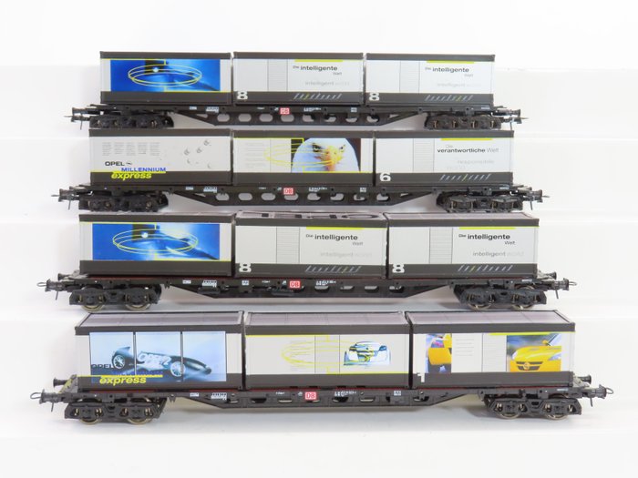 Roco H0 - 47977/47970 - Machetă tren transport marfă (4) - Patru vagoane container cu 4 osii „Opel Millennium Express” - DB
