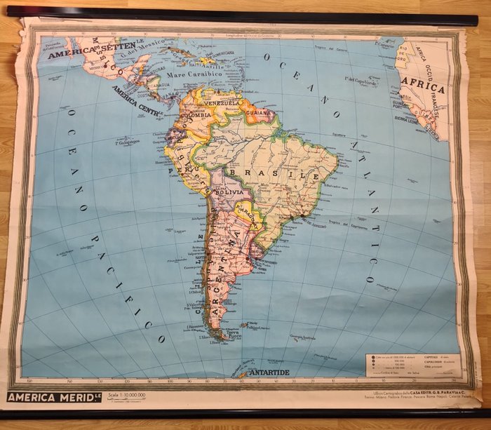 義大利, 地圖 - 南美洲; Paravia - Carta geografica AMERICA MERIDIONALE south Paravia 1950 Old Antique school wall map chart SOUTH - 1921-1950