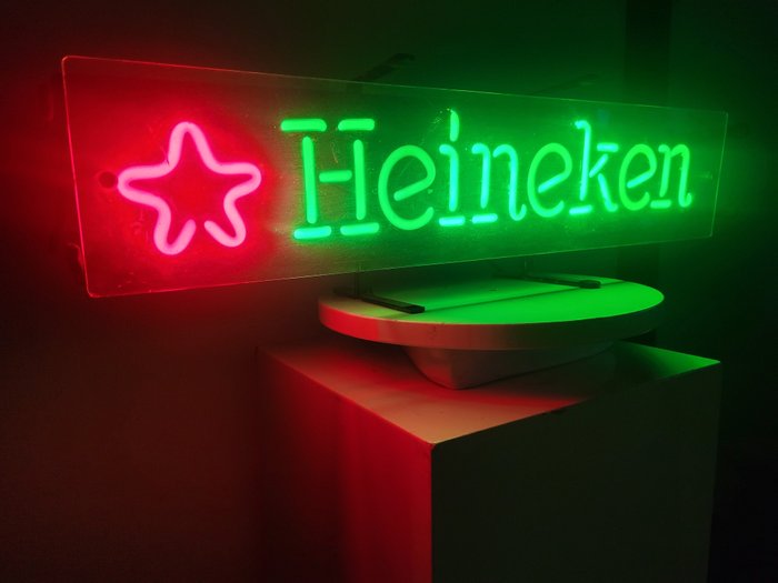 Heineken Bier Neon Lichtreclame, 1980 - Bakgrunnsbelysning reklameskilt - Metall og plast