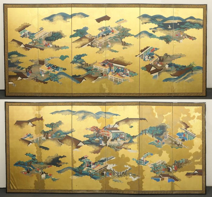 Paravento Byōbu - Coppia di paraventi a sei pannelli con scene della corte imperiale dell'era Heian in foglia d'oro - - Giappone - 19esimo secolo