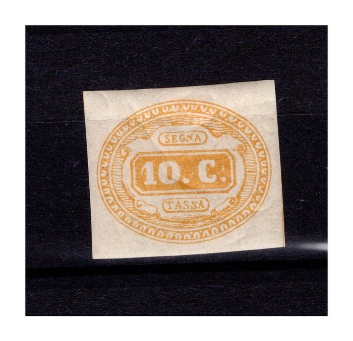 Kongeriket Italia 1863/1863 - Skattepoststempel nummer 1 -10 øre gul Ling. Sertifikat - sassone 1
