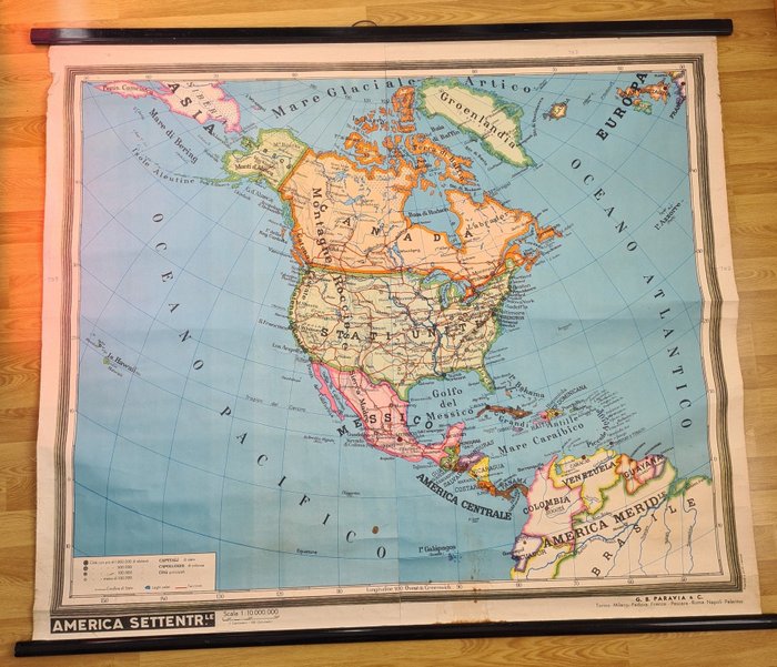 Italien, Landkarte - Nordamerika; Paravia - Carta geografica AMERICA SETTENTRIONALE Paravia 1950 Old Antique school wall map chart MEXICO USA - 1921-1950