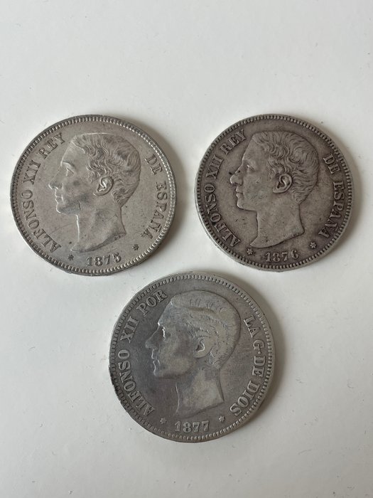 España. Alfonso XII (1874-1885). 5 Pesetas 1875/1877 (3 monedas)