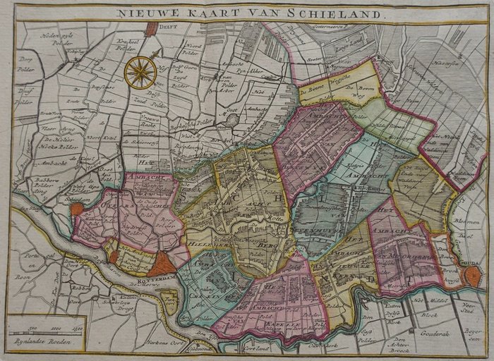 荷兰, 地图 - 鹿特丹及周边地区; H de Leth - Nieuwe Kaart Van Schieland - 1740