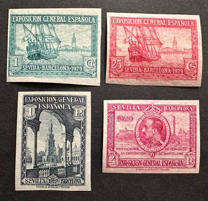 西班牙 1929 - 塞維利亞和巴塞隆納展覽系列非常罕見的無凹痕郵票 - Edifil 438s, 440s, 444s y 445s