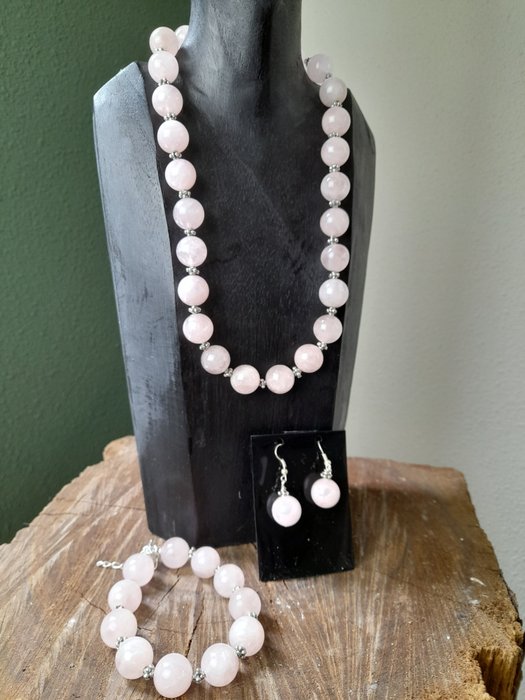 Rose quartz necklace, bracelet and earrings - Necklace