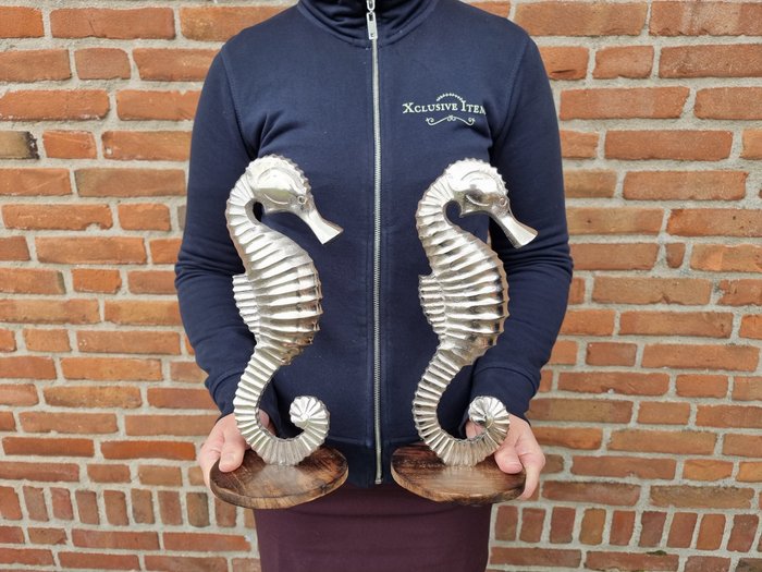 塑像, 2 Seahorses Metal on Wood - 30 cm - 木, 钢