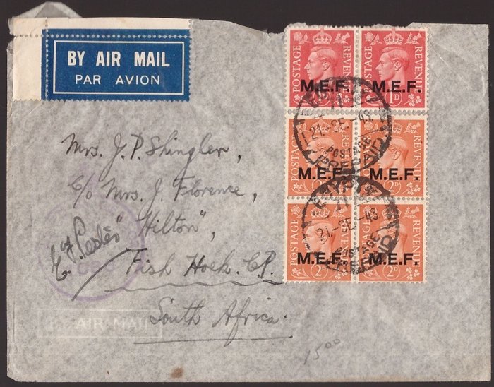 大不列颠  - 意大利殖民地占领期（1942-1949）  - 封面盖有 M.E.F. 盖章从埃及寄往南非的套印邮票