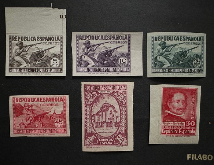 España 1930/1938 - Diversos sellos sin dentar correspondientes a diferentes series. - Edifil 579s, 726s, 792s, 793s, 794s, 795s